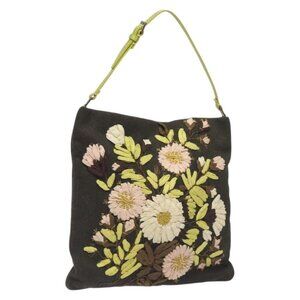 Authentic VALENTINO Shoulder Bag Canvas Khaki Silver